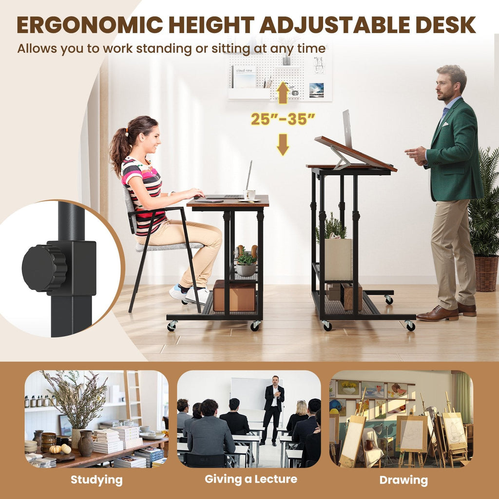 Mobile Stand up Desk Height Adjustable Standing Table with Tilting Tabletop-Rustic Brown