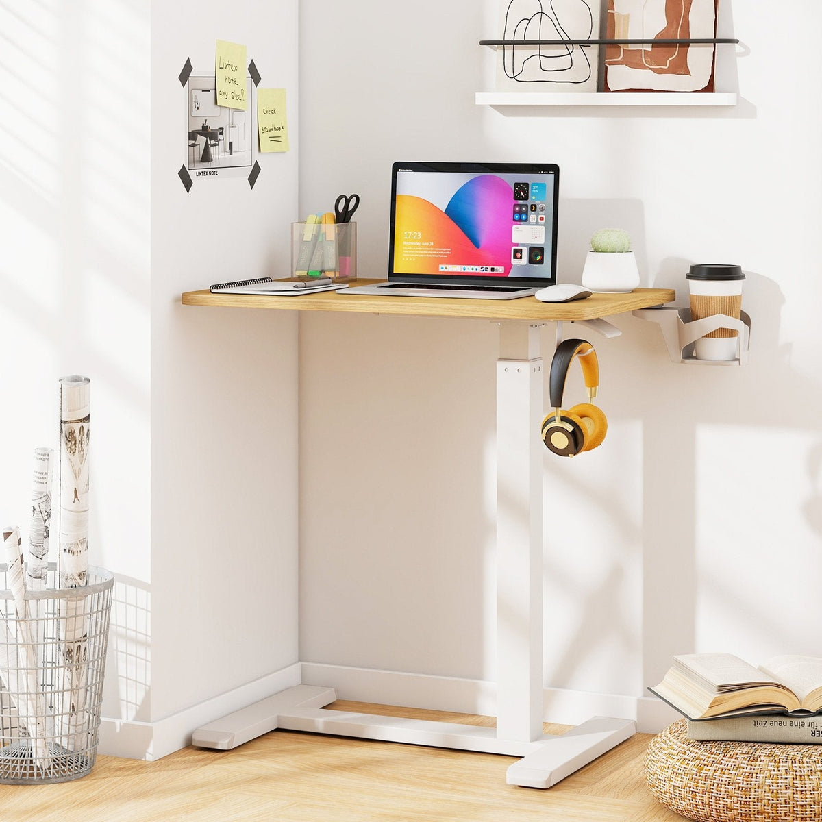 Mobile Standing Desk Height Adjustable Overbed Bedside Table with Cup Holder-Natural