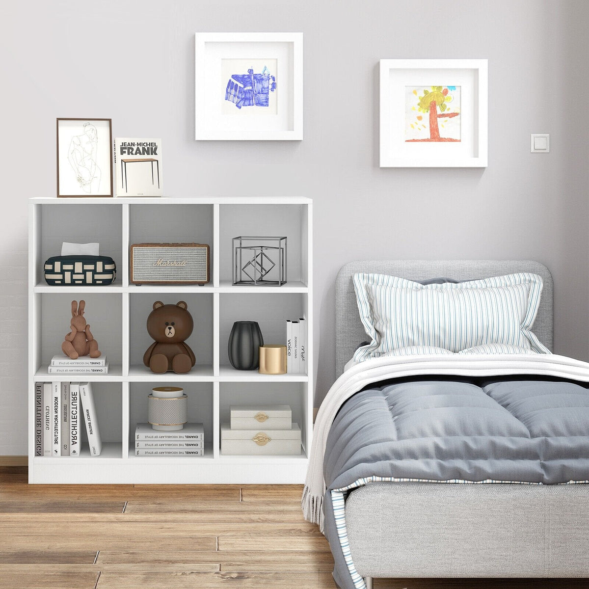 Modern 9 Cube Bookcase with 2 Anti Tipping Kits, Toy and Book Storage, White