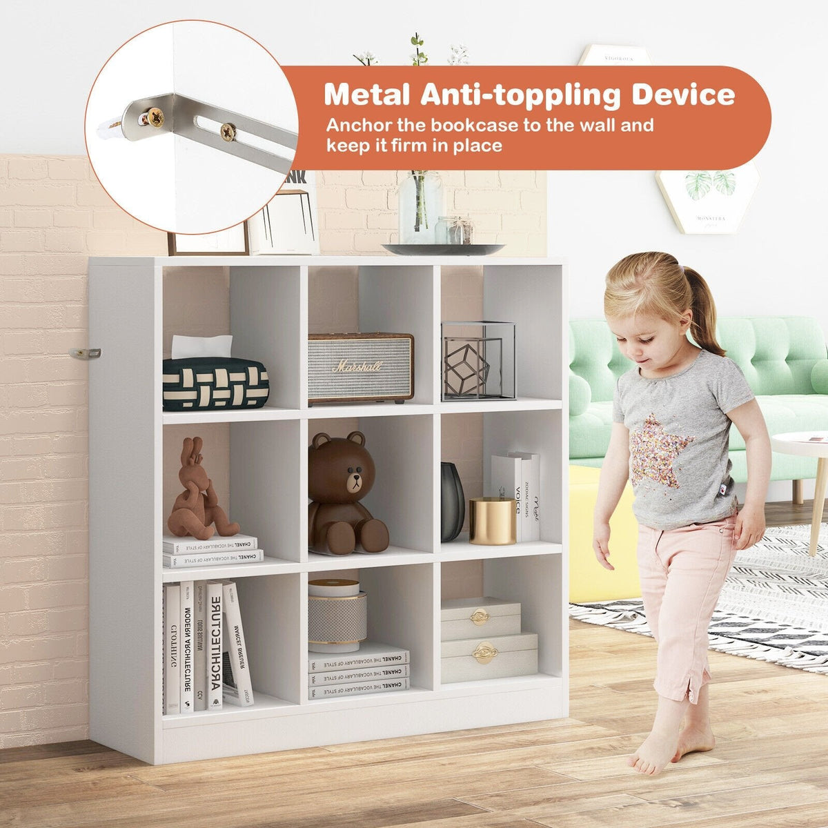 Modern 9 Cube Bookcase with 2 Anti Tipping Kits, Toy and Book Storage, White