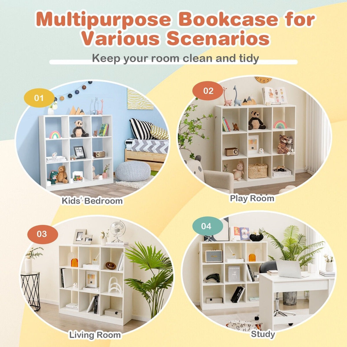 Modern 9 Cube Bookcase with 2 Anti Tipping Kits, Toy and Book Storage, White