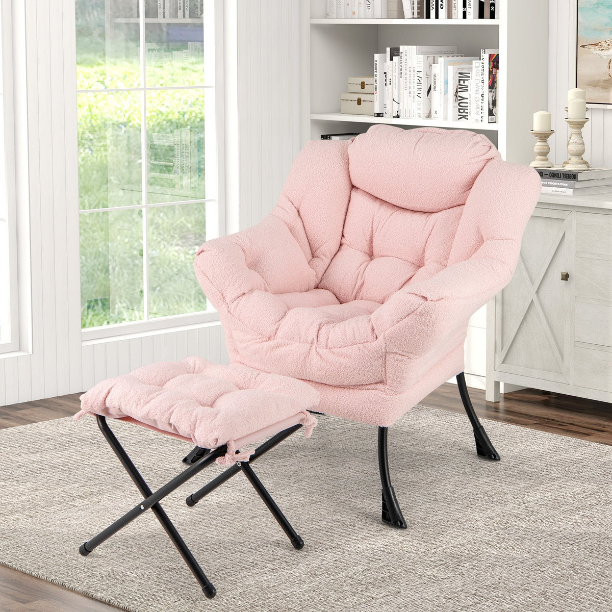 Modern Accent Chair with Folding Footrest and Head Pillow-Pink