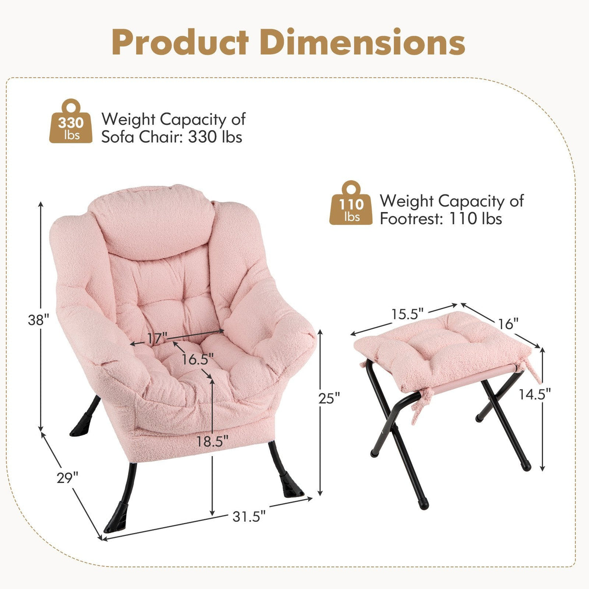 Modern Accent Chair with Folding Footrest and Head Pillow-Pink