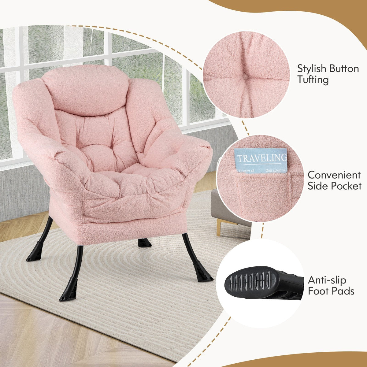 Modern Accent Chair with Folding Footrest and Head Pillow-Pink