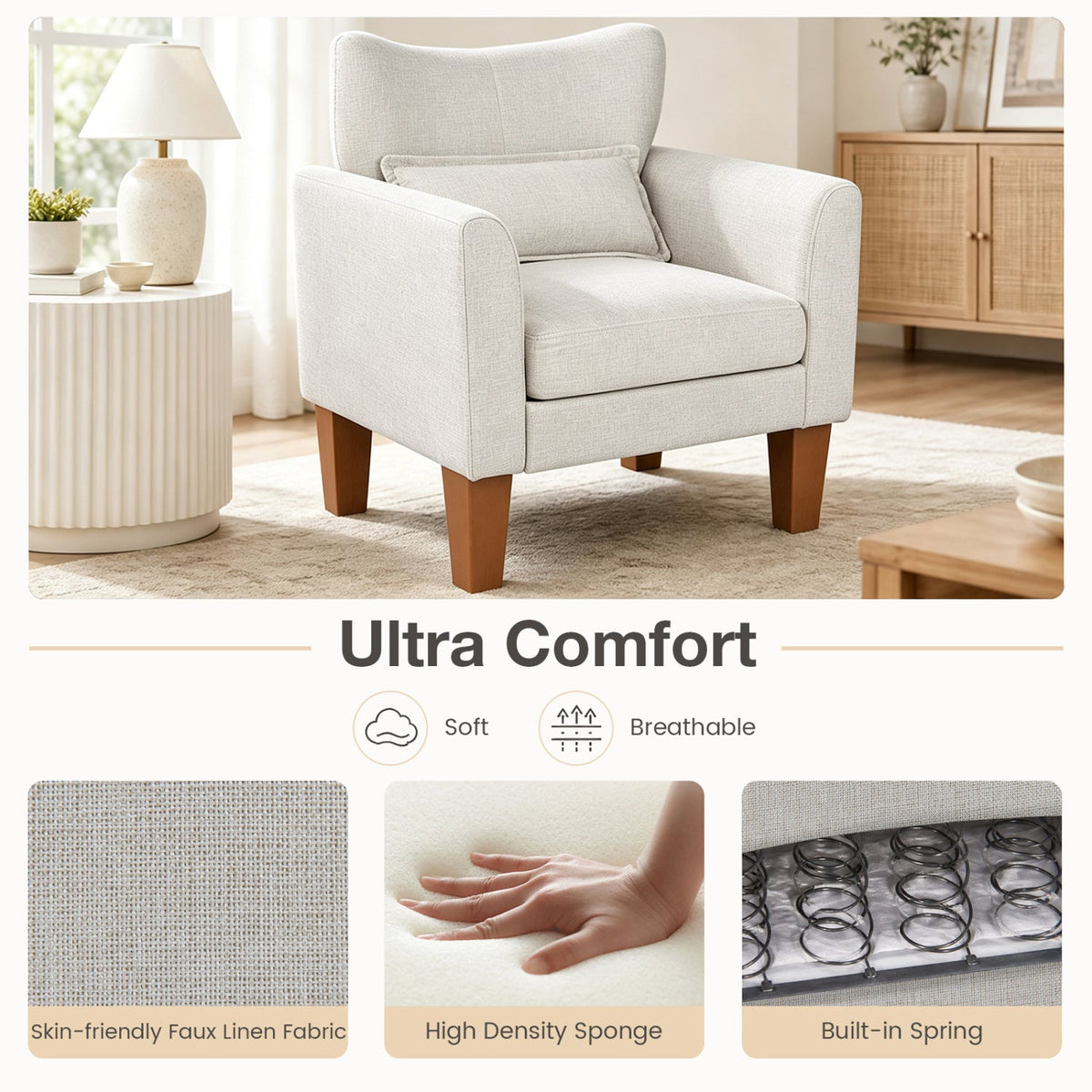 Modern Accent Chair with Removable Cushion & Pillow for Living Room-Beige
