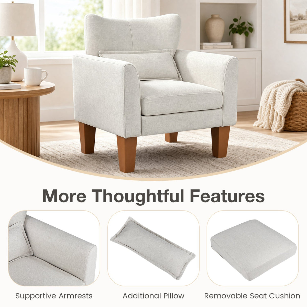 Modern Accent Chair with Removable Cushion & Pillow for Living Room-Beige