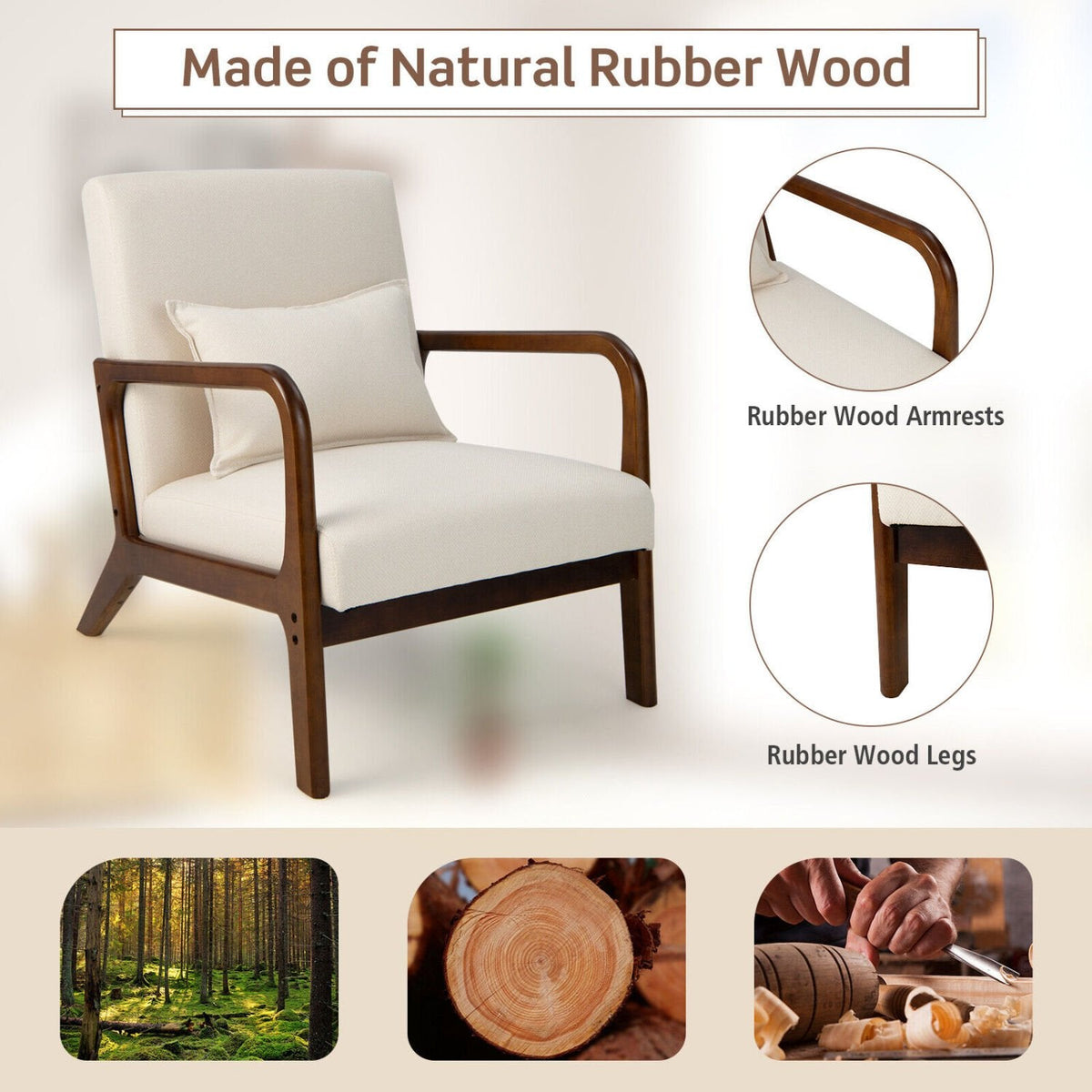 Modern Accent Chair with Rubber Wood Frame and Lumbar Pillow-Beige