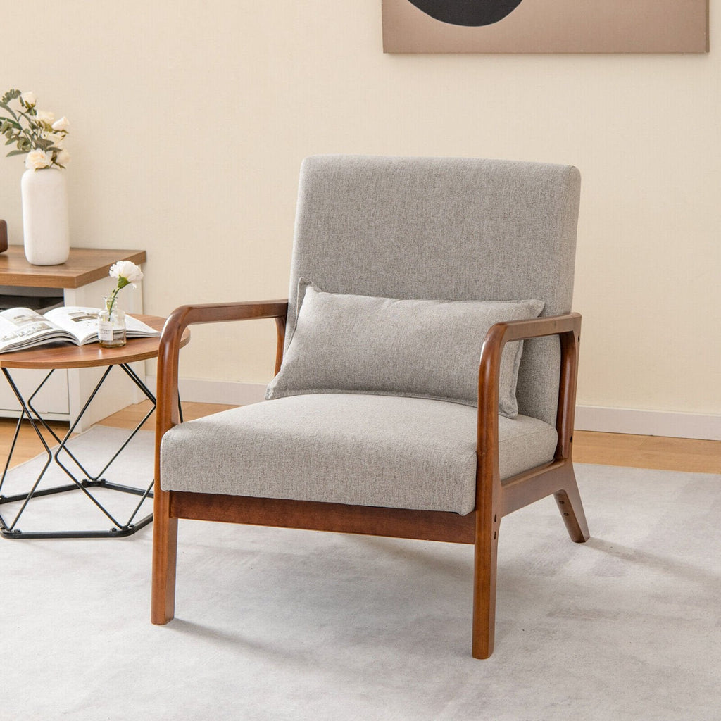 Modern Accent Chair with Rubber Wood Frame and Lumbar Pillow-Gray