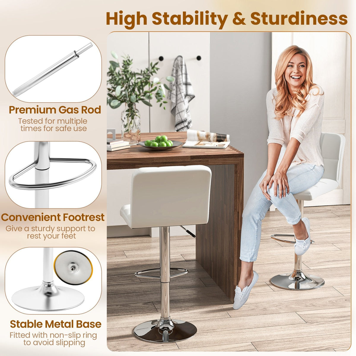 Set of 2 Adjustable Swivel Bar Stools in White with Quilted Back, 25 to 33.5 Inch Seat