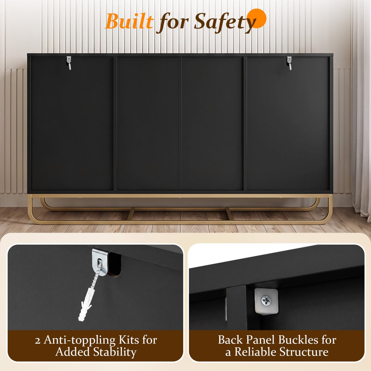 Modern Buffet Sideboard Cabinet w/ 2 Drawers & Adjustable Shelves for Dining Room-Black
