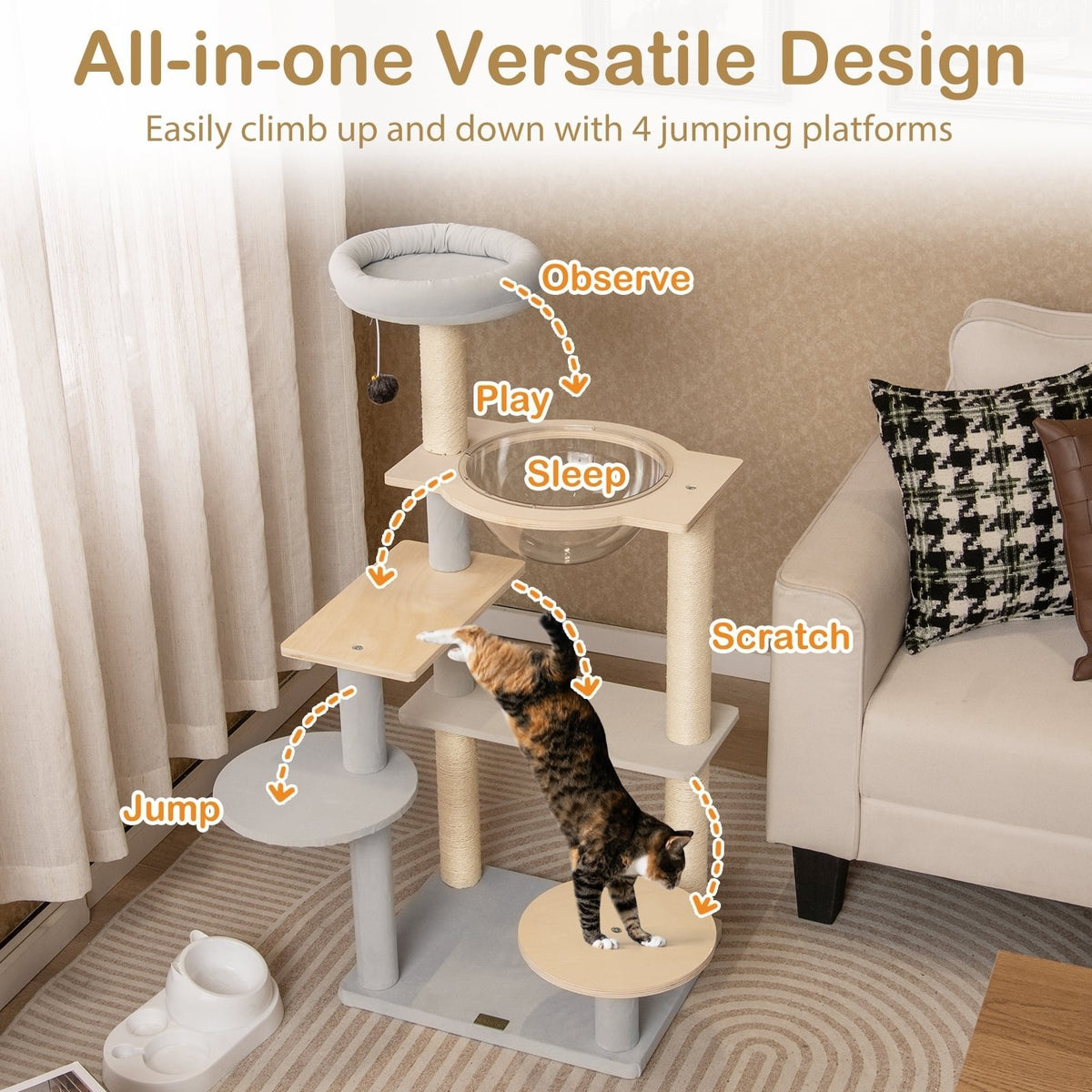 44 Inch Cat Tower with a Space Capsule and a Removable Padded Perch