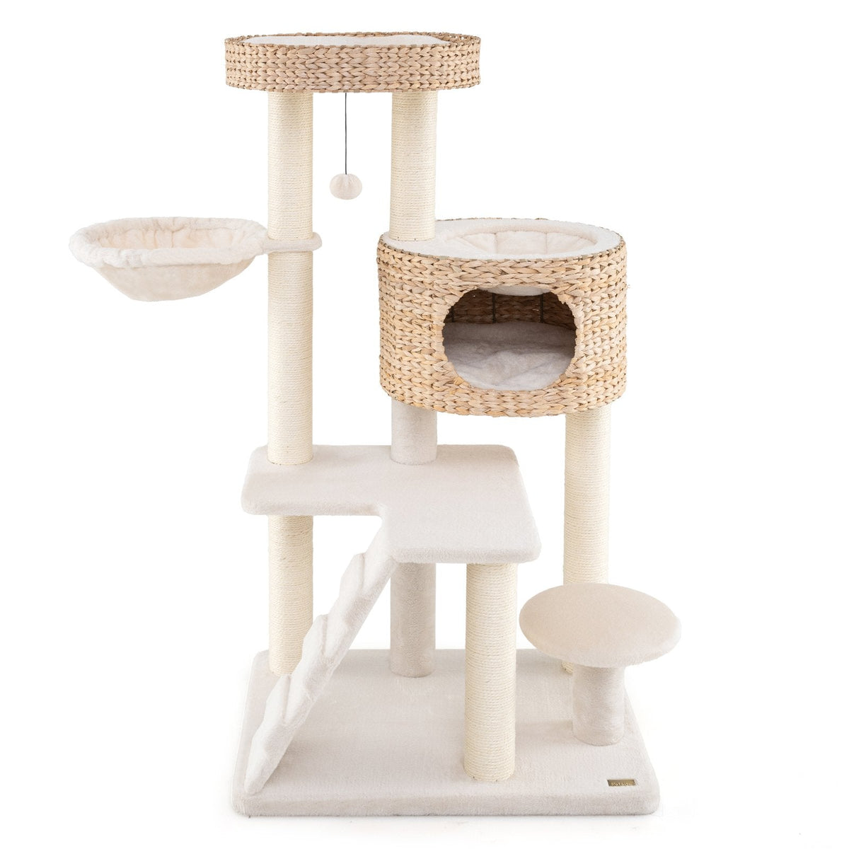 50 Inch Cat Tree with a Hand Woven Cattail Condo, Basket and Top Perch