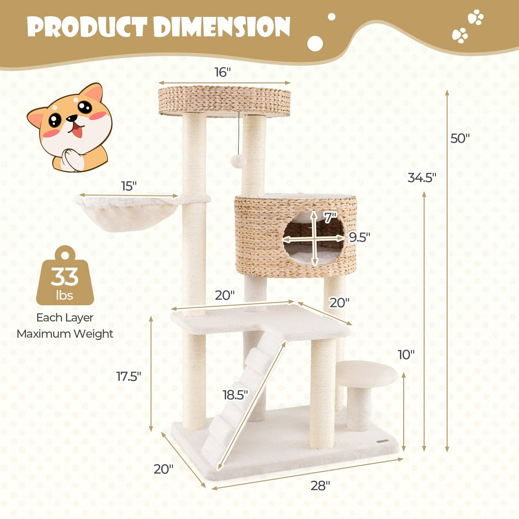 50 Inch Cat Tree with a Hand Woven Cattail Condo, Basket and Top Perch