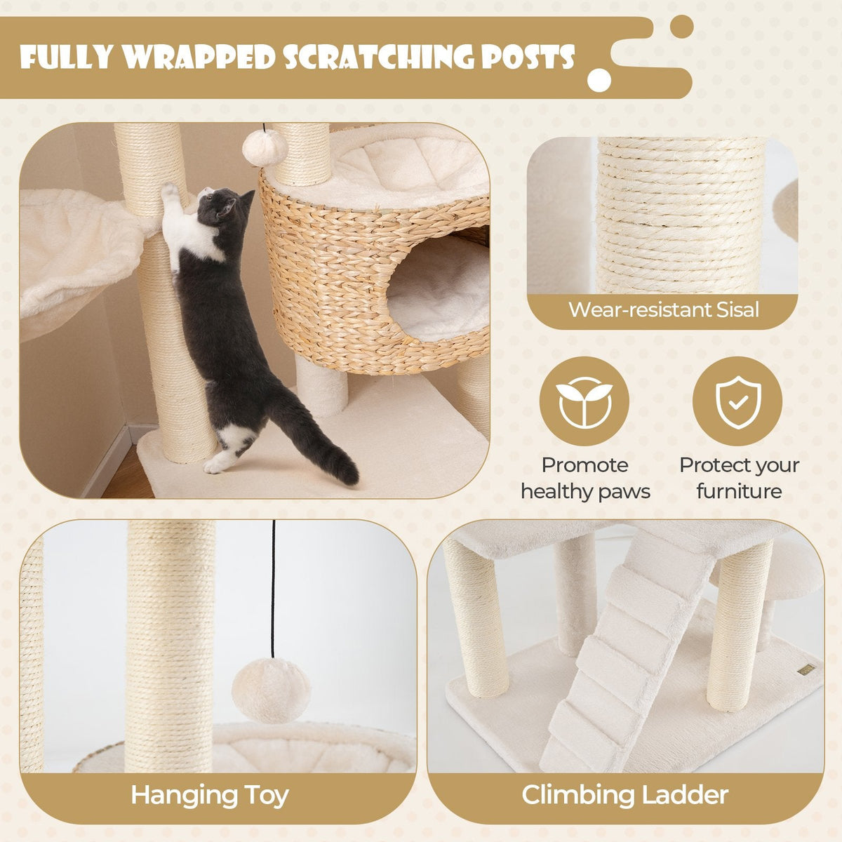 50 Inch Cat Tree with a Hand Woven Cattail Condo, Basket and Top Perch