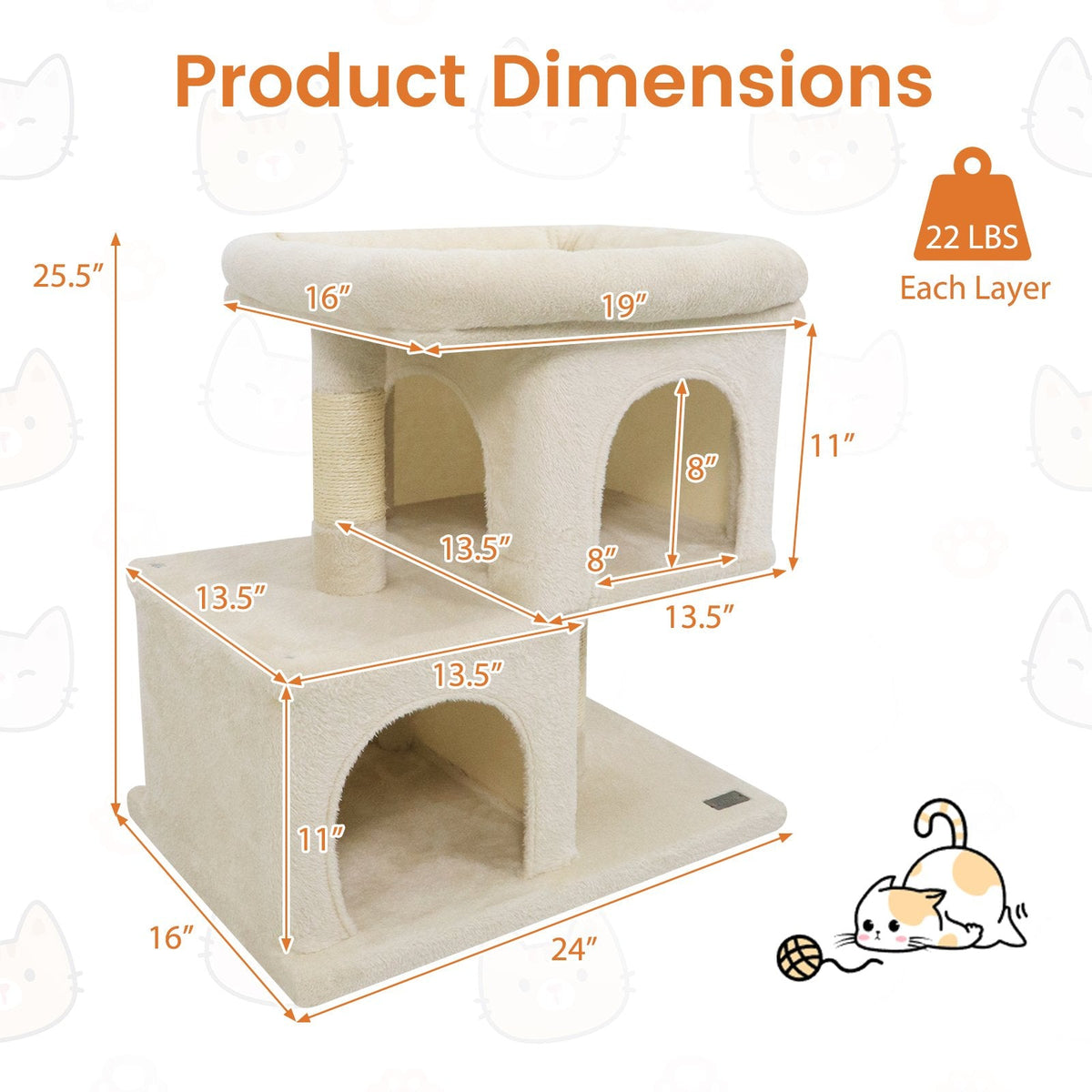 25.5 Inch Cat Tower with Two Stacked Condos and a 19 Inch Top Perch