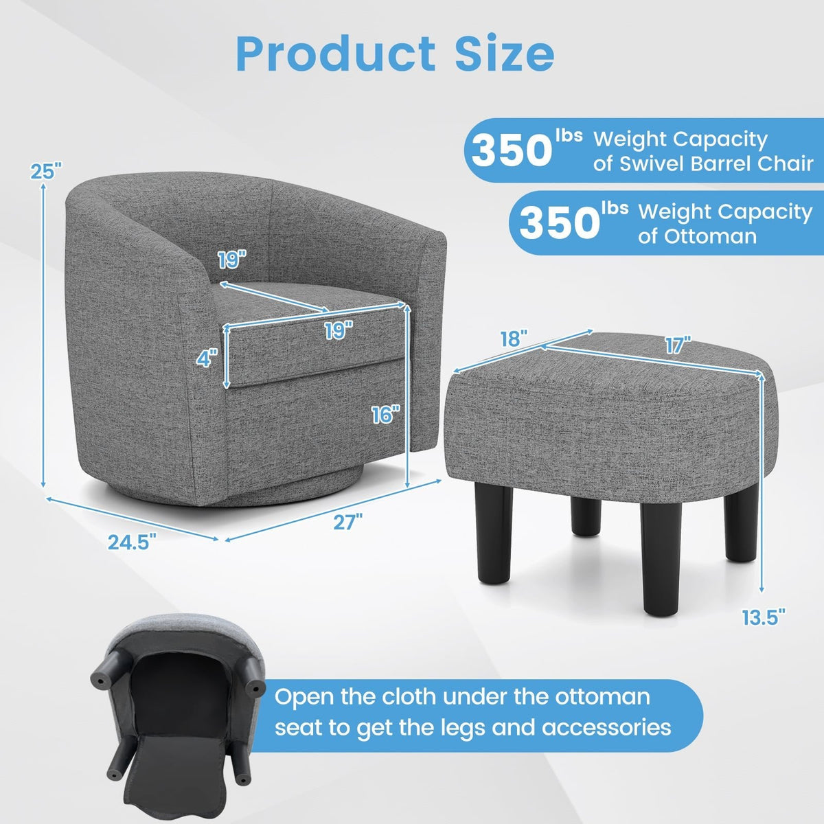 Modern Club Swivel Accent Chair with Ottoman Footrest Curved Backrest-Grey