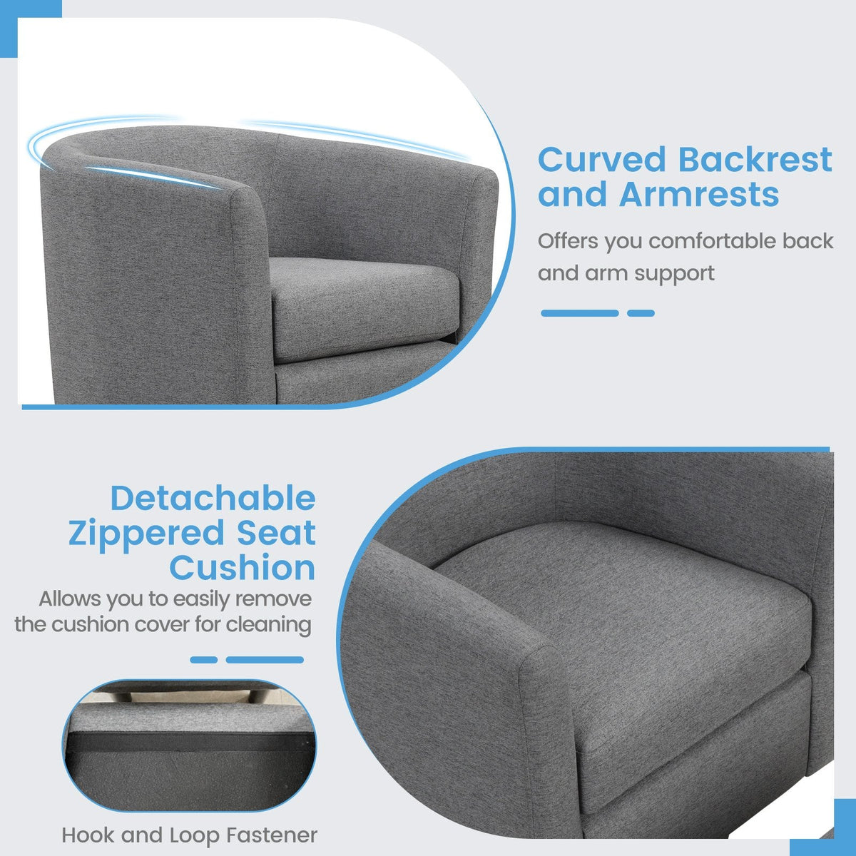 Modern Club Swivel Accent Chair with Ottoman Footrest Curved Backrest-Grey