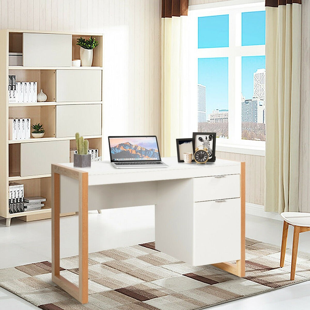 Modern Computer Desk Study Table Writing Workstation with Cabinet and Drawer-White