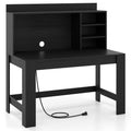 Modern Computer Desk with Hutch and Storage Shelves-Black