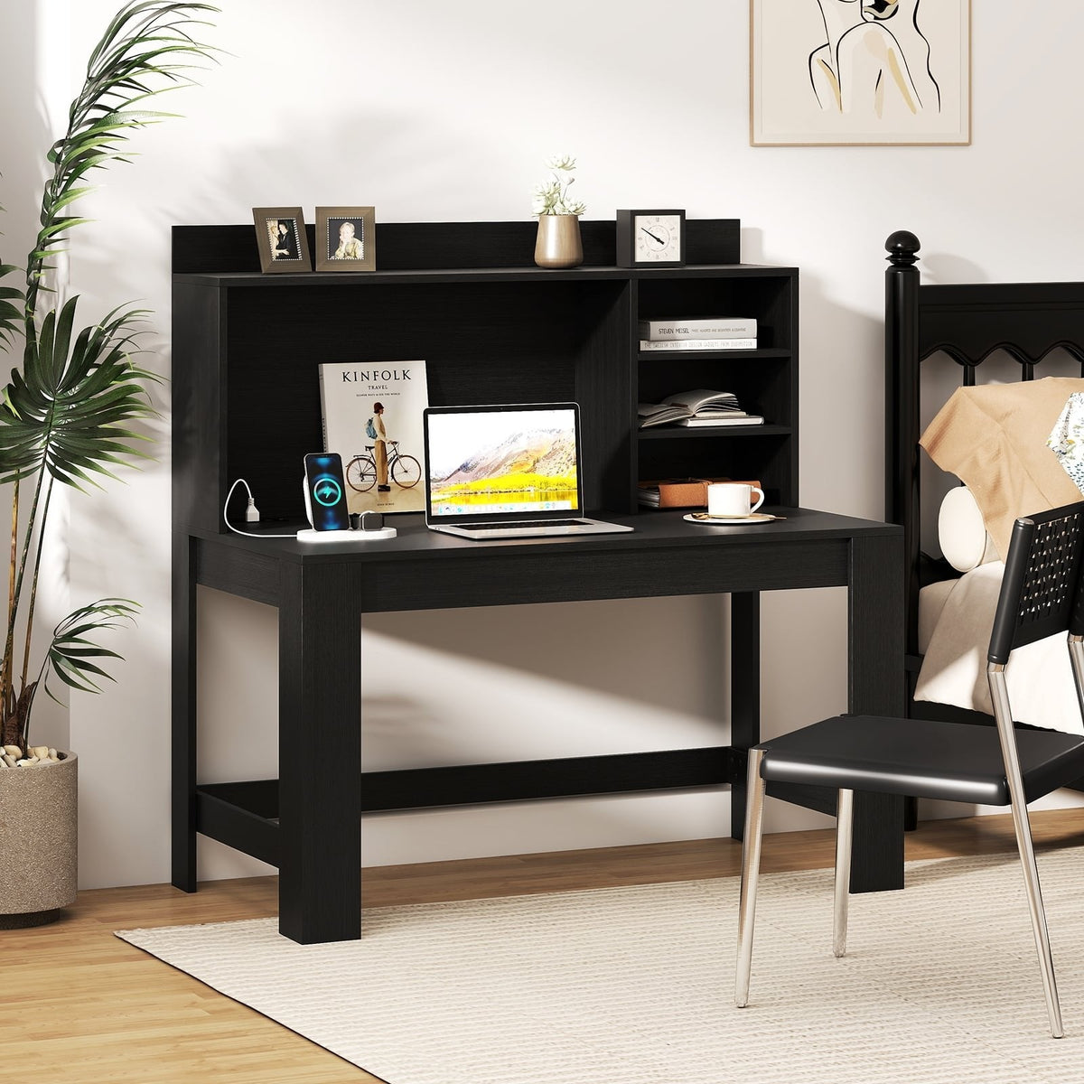 Modern Computer Desk with Hutch and Storage Shelves-Black