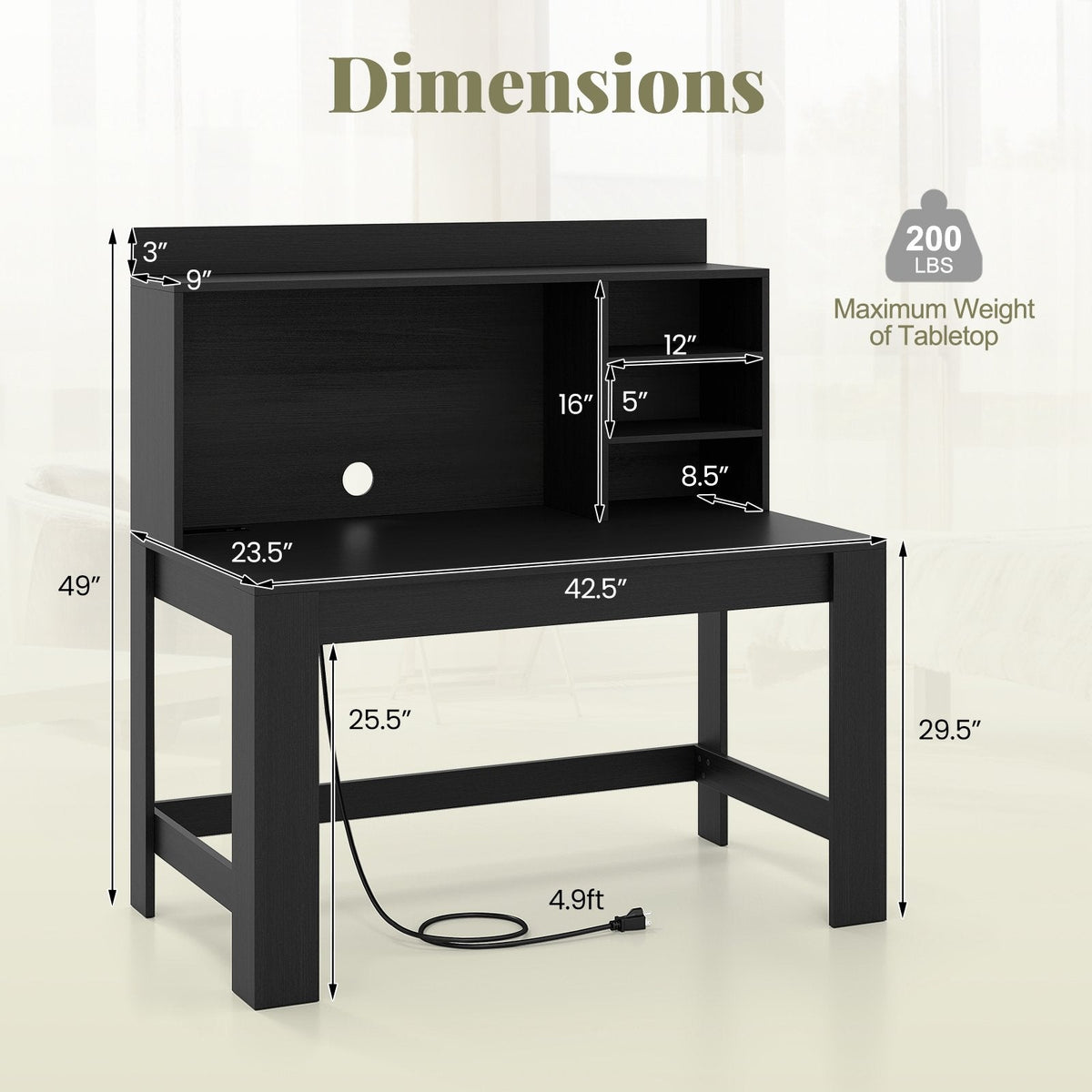 Modern Computer Desk with Hutch and Storage Shelves-Black