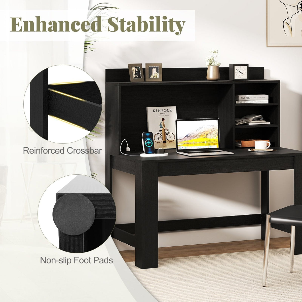 Modern Computer Desk with Hutch and Storage Shelves-Black