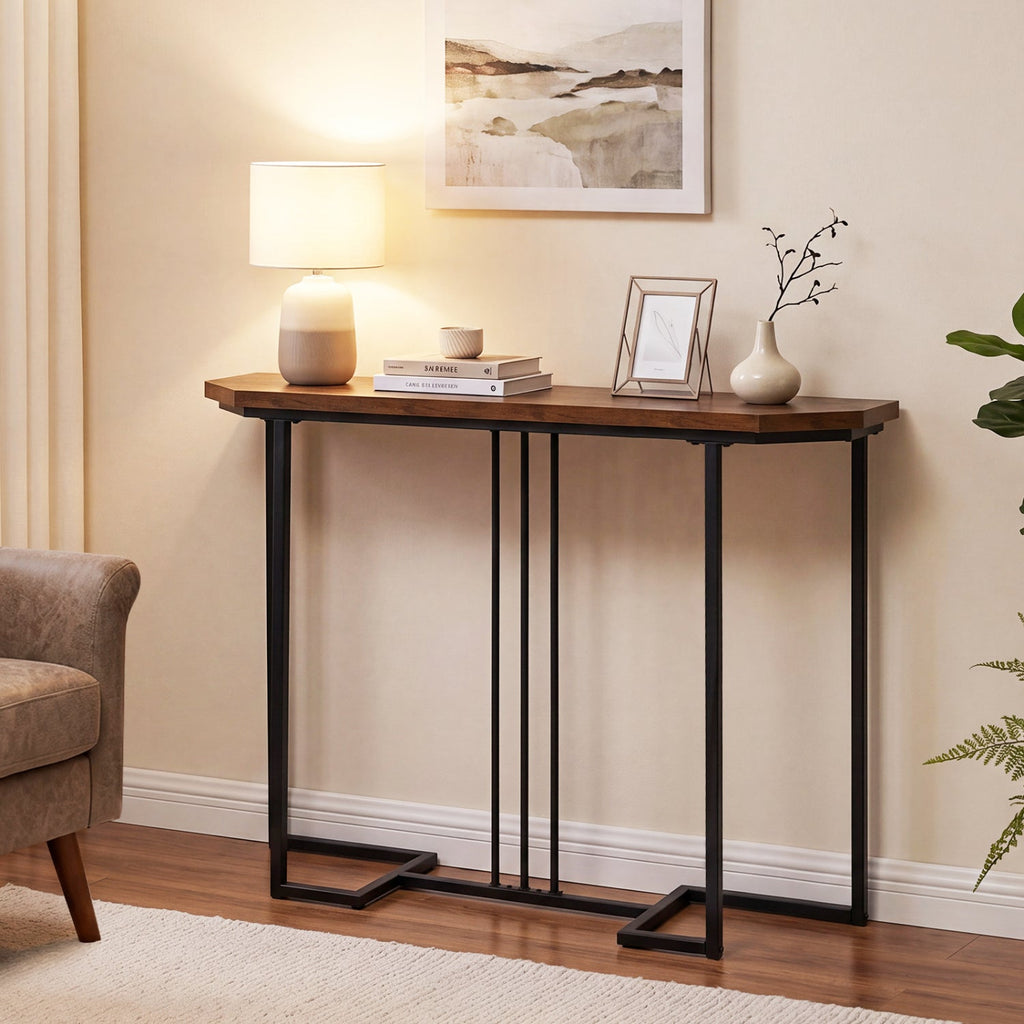 Modern Console Table Narrow Entryway Table with Metal Legs-Rustic Brown