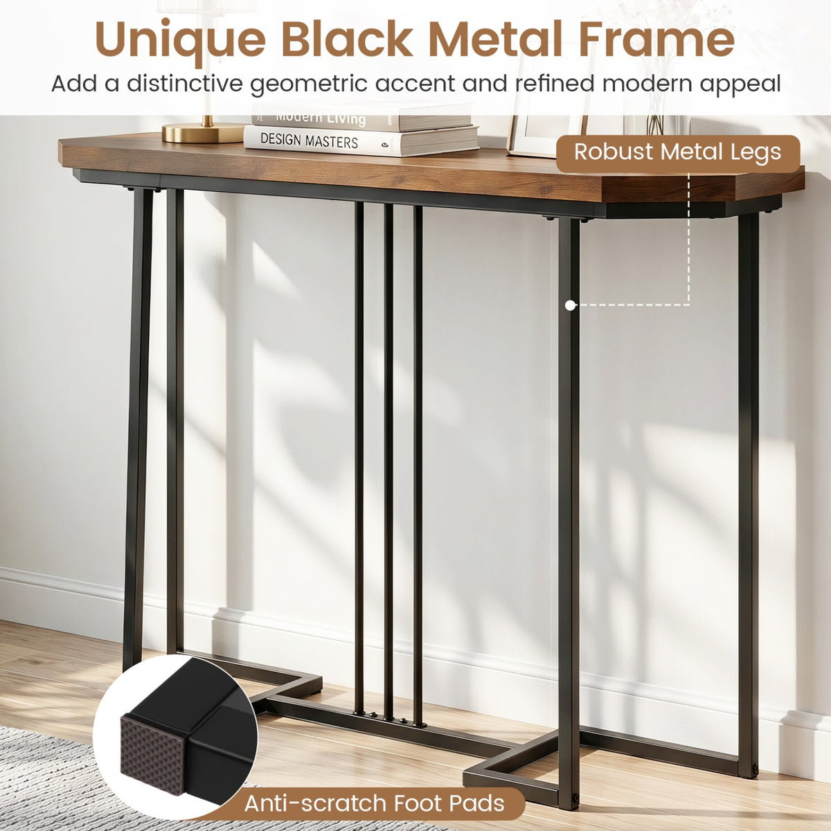Modern Console Table Narrow Entryway Table with Metal Legs-Rustic Brown
