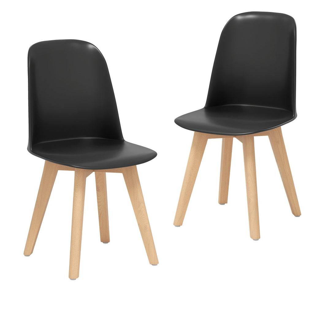 Set of 2 Modern Shell Dining Chairs, Black Moulded Seat on Solid Beech Wood Legs