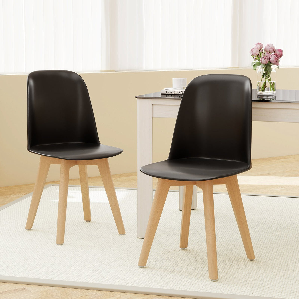 Set of 2 Modern Shell Dining Chairs, Black Moulded Seat on Solid Beech Wood Legs