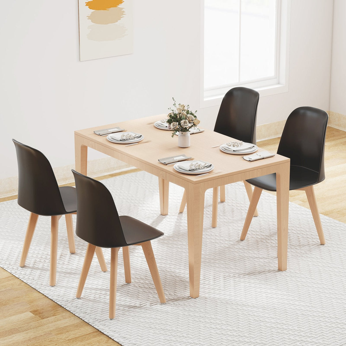 Set of 2 Modern Shell Dining Chairs, Black Moulded Seat on Solid Beech Wood Legs