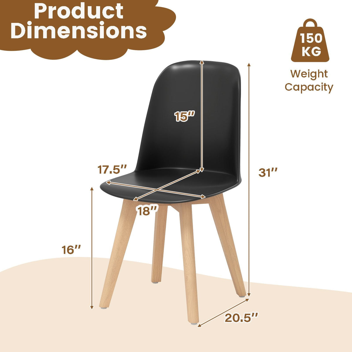 Set of 2 Modern Shell Dining Chairs, Black Moulded Seat on Solid Beech Wood Legs