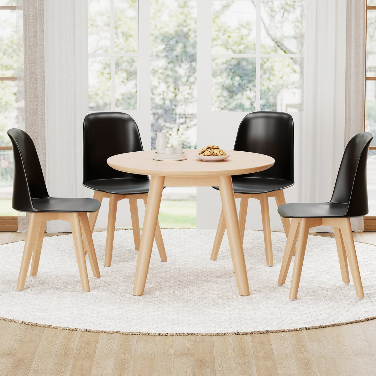 Set of 2 Modern Shell Dining Chairs, Black Moulded Seat on Solid Beech Wood Legs