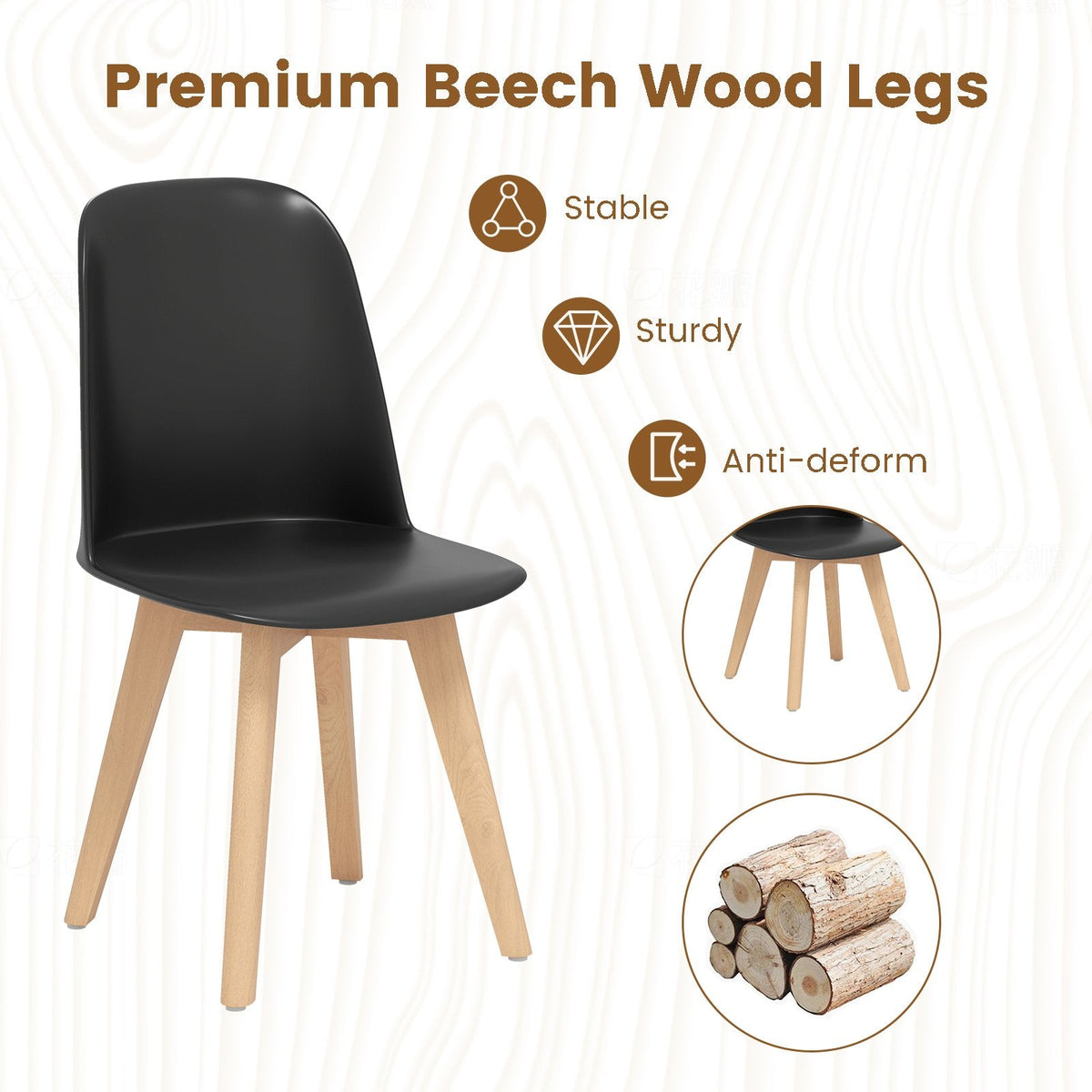 Set of 2 Modern Shell Dining Chairs, Black Moulded Seat on Solid Beech Wood Legs