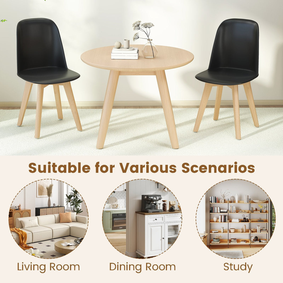 Set of 2 Modern Shell Dining Chairs, Black Moulded Seat on Solid Beech Wood Legs