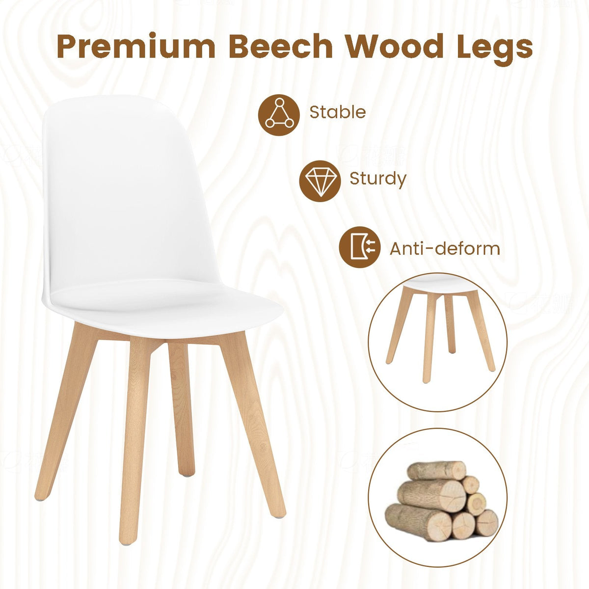 Set of 2 Modern Shell Dining Chairs, White Moulded Seat on Solid Beech Wood Legs