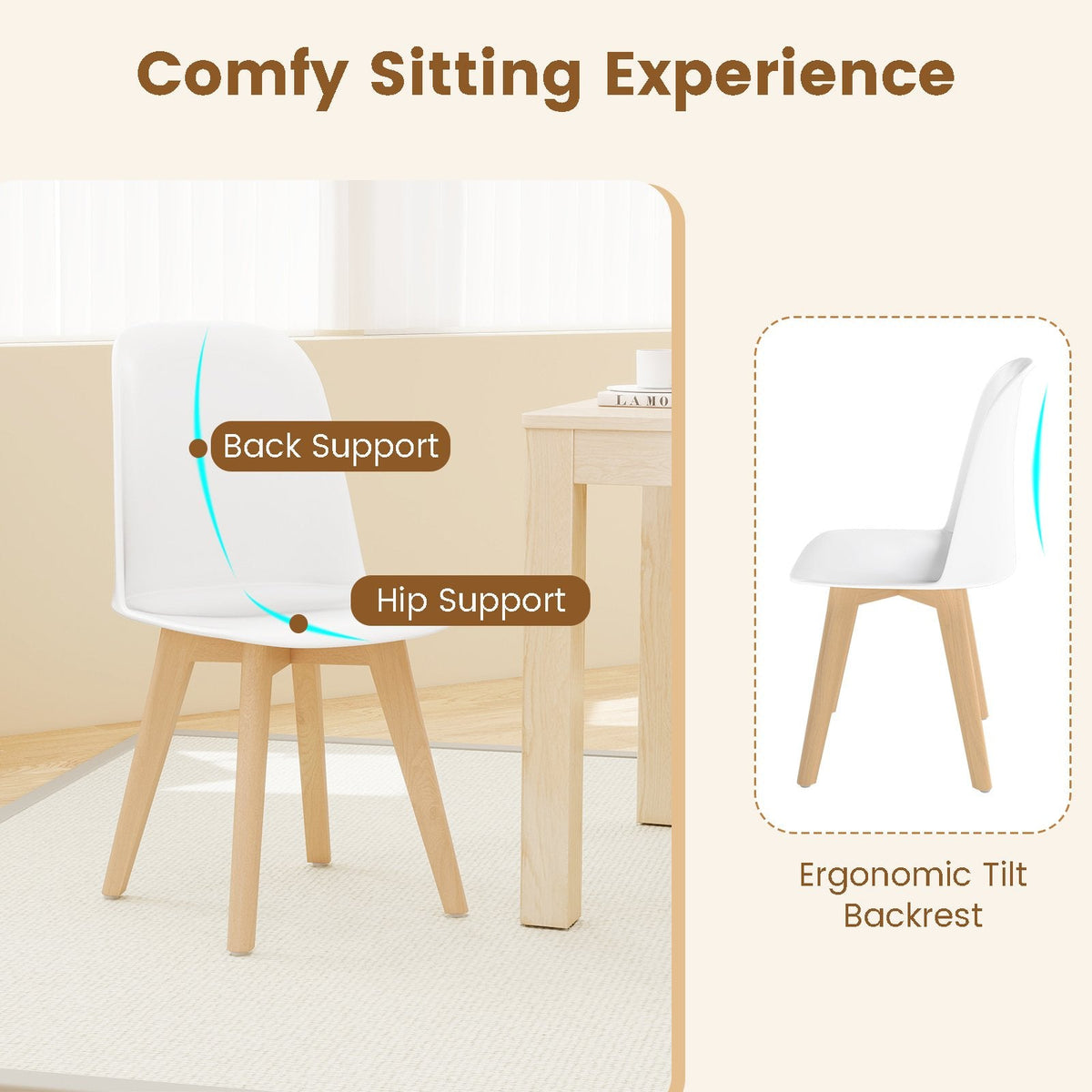 Set of 2 Modern Shell Dining Chairs, White Moulded Seat on Solid Beech Wood Legs