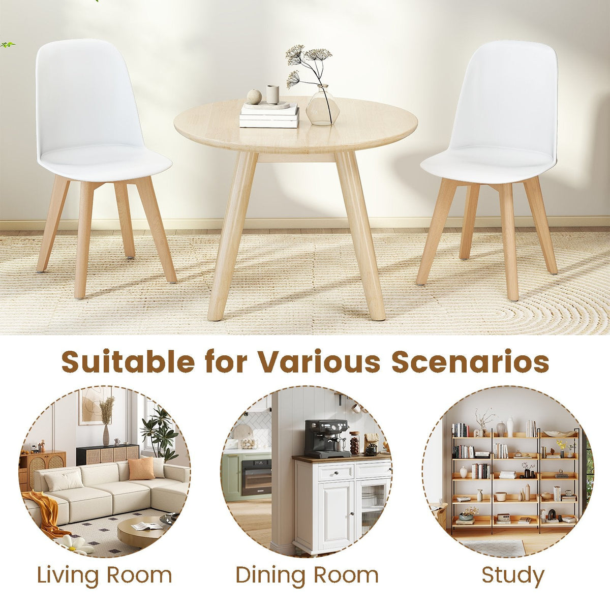 Set of 2 Modern Shell Dining Chairs, White Moulded Seat on Solid Beech Wood Legs