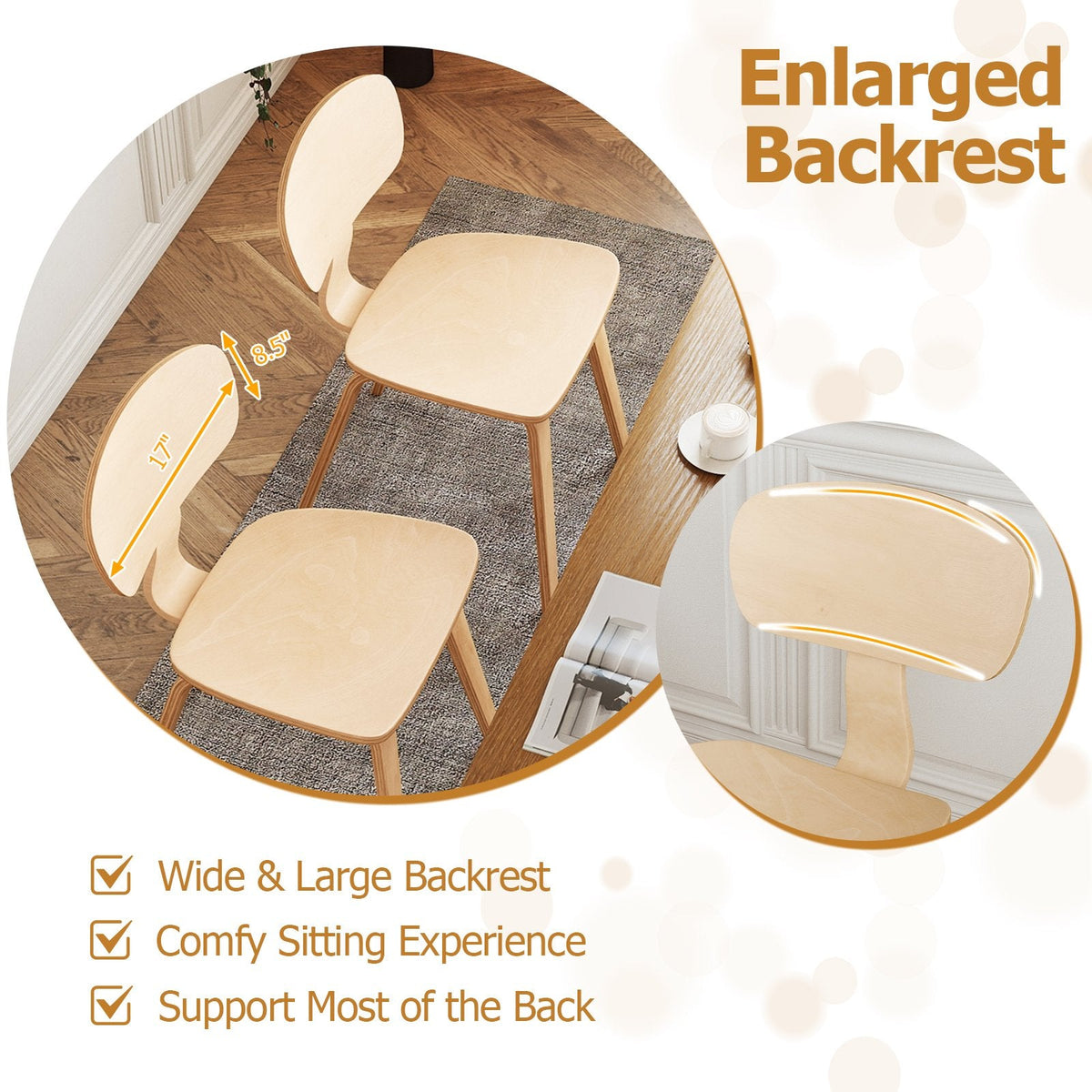 Set of 2 Bentwood Dining Chairs, Natural Rubber Wood Veneer with Wide Curved Back and Shaped Seat