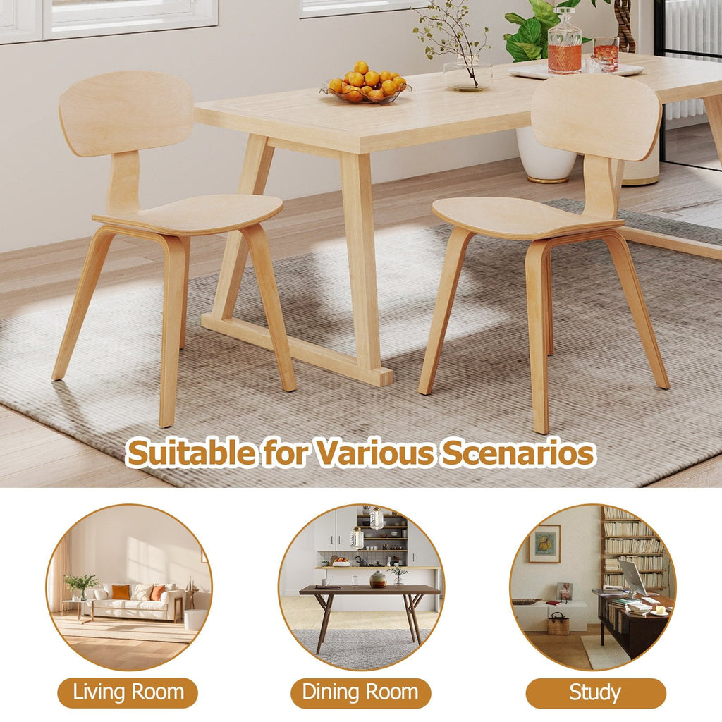 Set of 2 Bentwood Dining Chairs, Natural Rubber Wood Veneer with Wide Curved Back and Shaped Seat