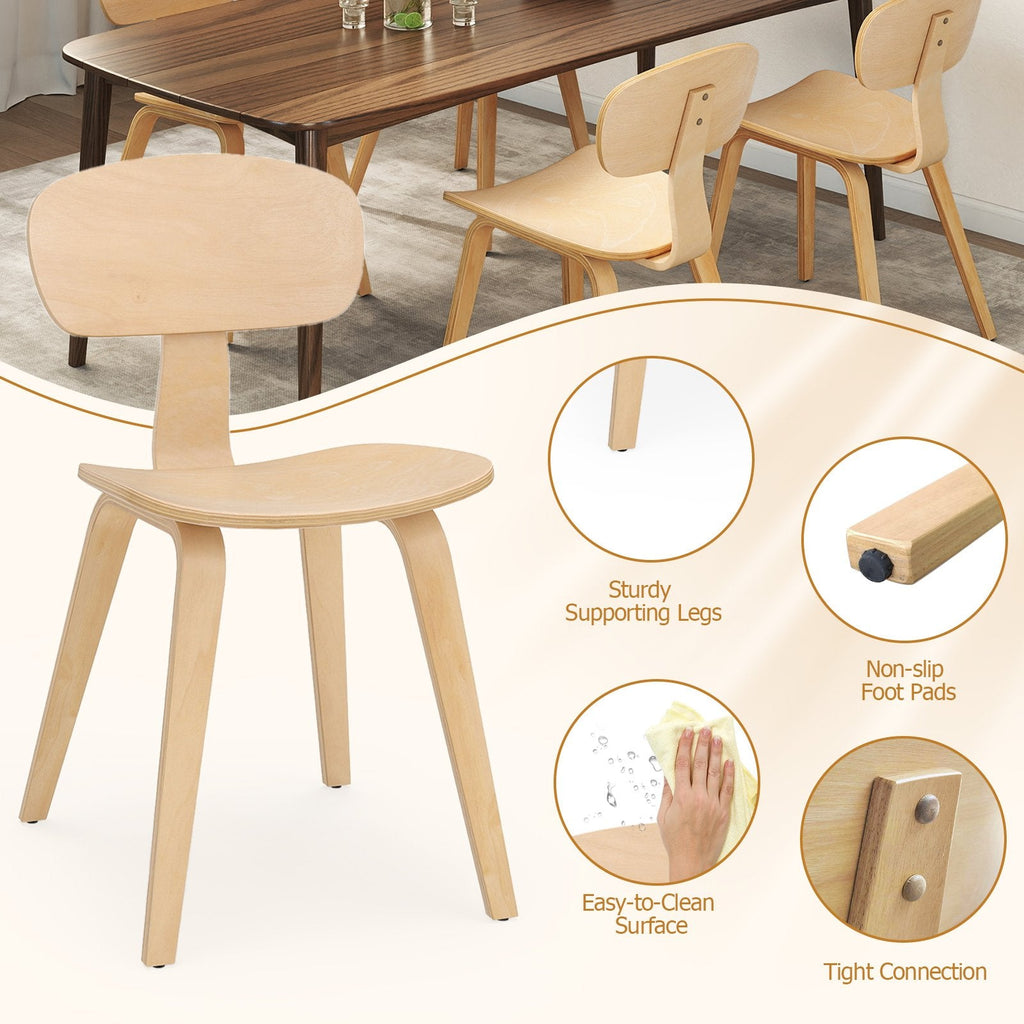 Set of 2 Bentwood Dining Chairs, Natural Rubber Wood Veneer with Wide Curved Back and Shaped Seat