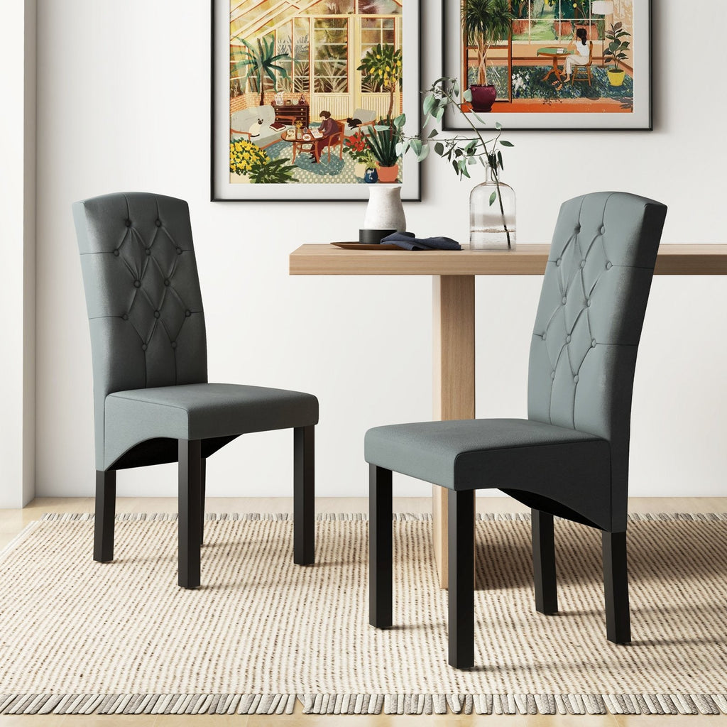 Button Tufted High Back Dining Chairs, Dark Grey Fabric with Black Rubber Wood Legs