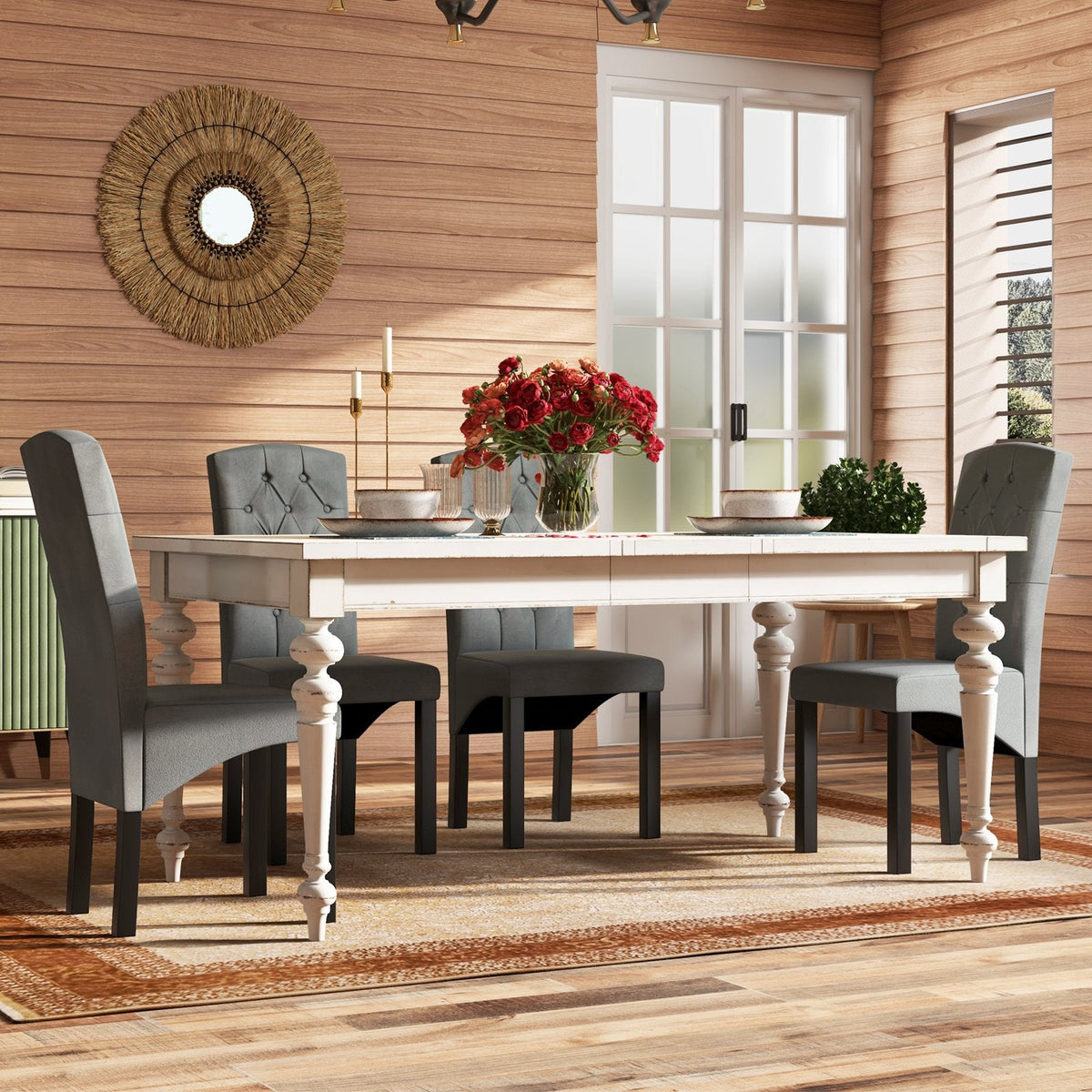 Button Tufted High Back Dining Chairs, Dark Grey Fabric with Black Rubber Wood Legs