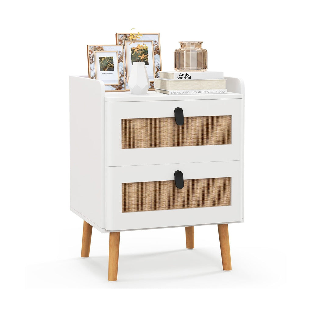Modern Bedside Table with 2 Rattan Decorated Drawers, White