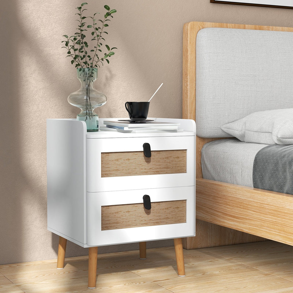 Modern Bedside Table with 2 Rattan Decorated Drawers, White