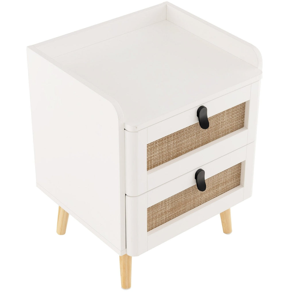 Modern Bedside Table with 2 Rattan Decorated Drawers, White