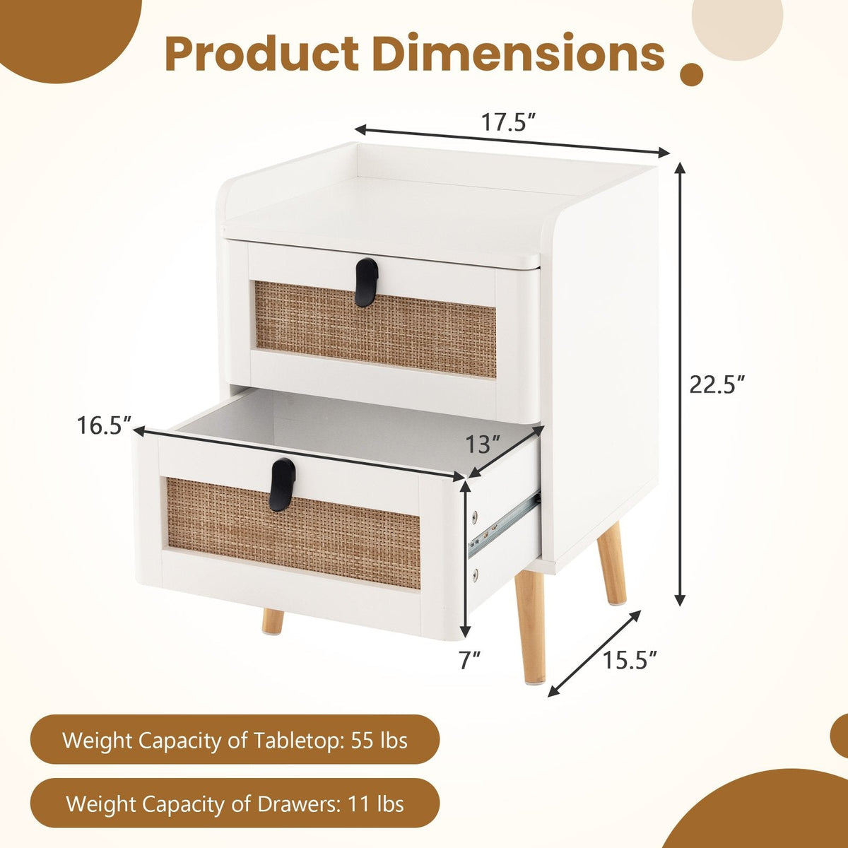 Modern Bedside Table with 2 Rattan Decorated Drawers, White