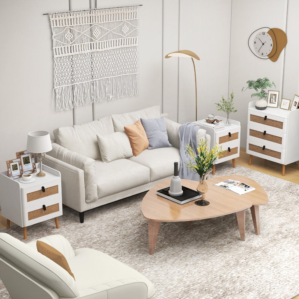Modern Bedside Table with 2 Rattan Decorated Drawers, White