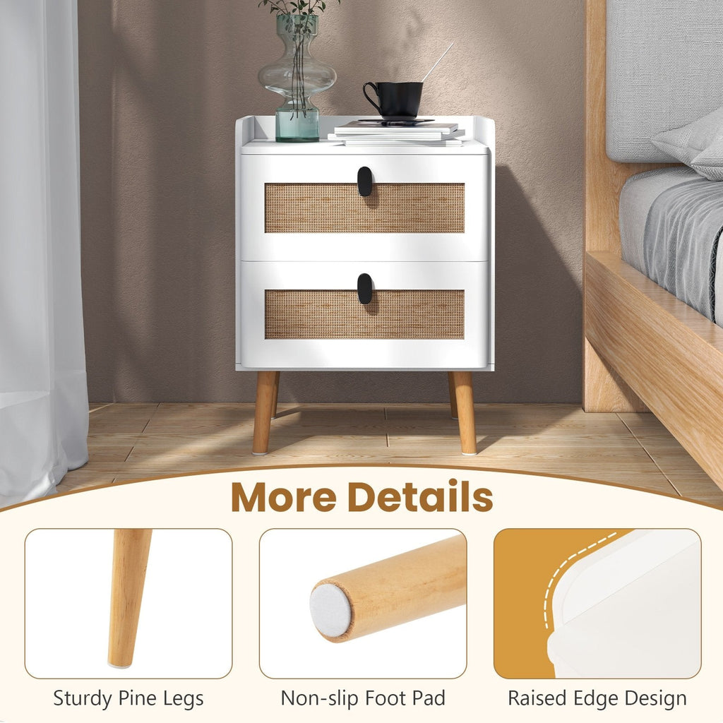 Modern Bedside Table with 2 Rattan Decorated Drawers, White