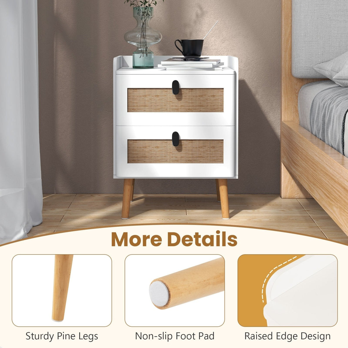 Modern Bedside Table with 2 Rattan Decorated Drawers, White